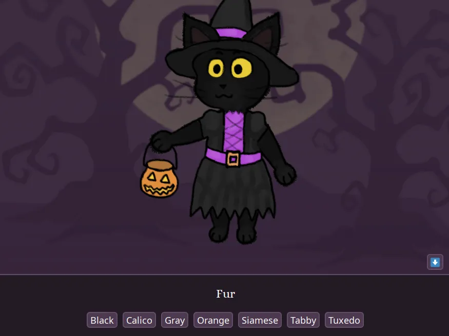 A cartoon cat in a witch's hat holds a pumpkin, surrounded by a whimsical Halloween atmosphere.