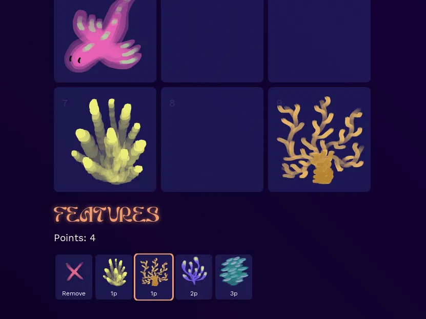 Screenshot of a game displaying various types of colorful fish swimming in an underwater environment.
