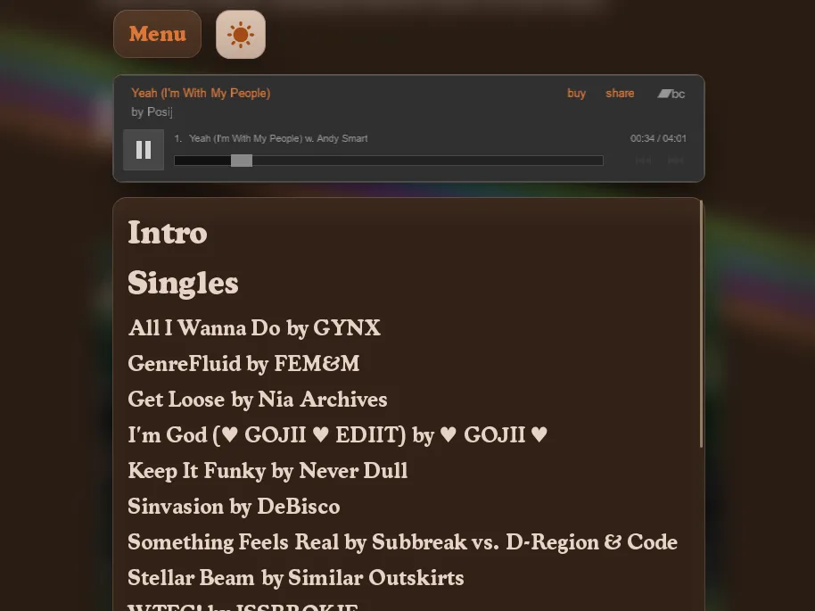 A menu showing a music player and a list of albums. The background is brown with colorful stripes.