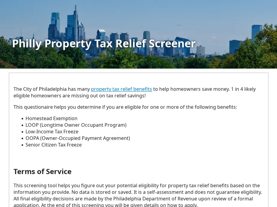 Screenshot of a property tax refund screener for Philadelphia residents, displaying input fields and instructions.